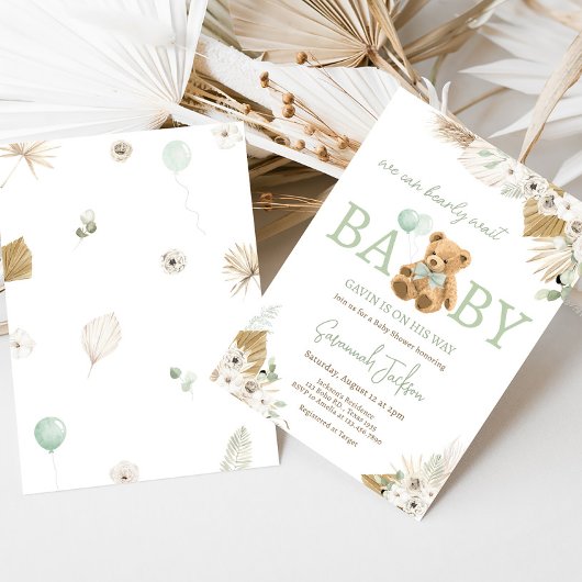 Invitation Baby shower Ours vert Boho