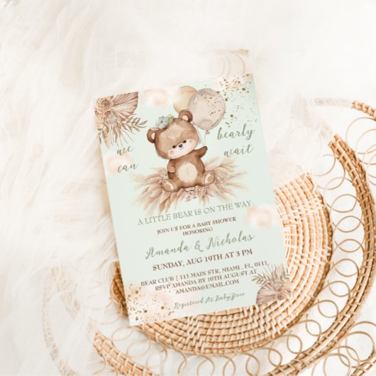 Invitation Baby shower Ours vert Boho