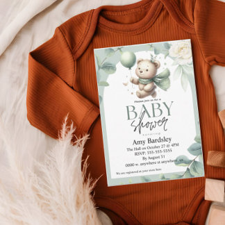 Invitation Baby shower Ours vert Sage