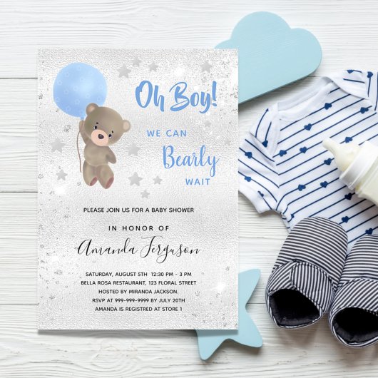 Invitation Baby shower ourson garçon bleu argent