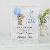 Invitation Baby shower ourson garçon bleu argent (Debout devant)