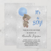 Invitation Baby shower ourson garçon bleu argent (Devant / Derrière)