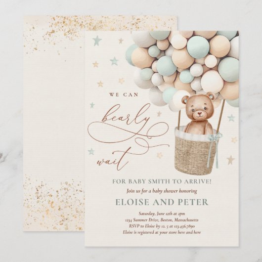 Invitation Baby shower Ourson Teddy Bear Sage Green Bear (Devant / Derrière)