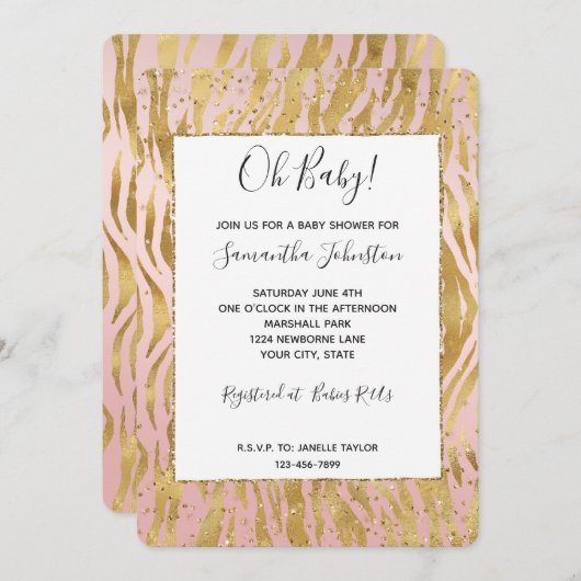 Invitation Baby Shower Pailleté Or Rose Zèbre (Devant / Derrière)