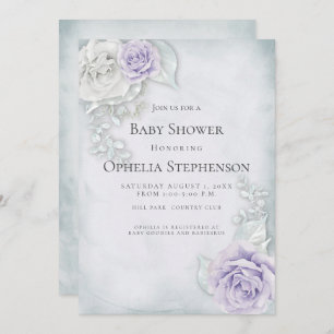 Invitation Baby shower Pale Blue Lilac Roses