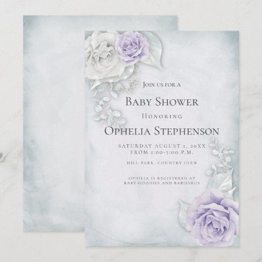 Invitation Baby shower Pale Blue Lilac Roses (Devant / Derrière)