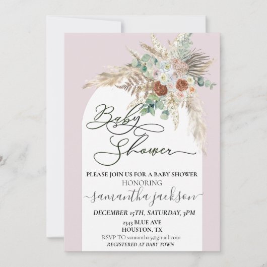 Invitation Baby shower Pampas Grass Boho Arch Moderne (Devant)