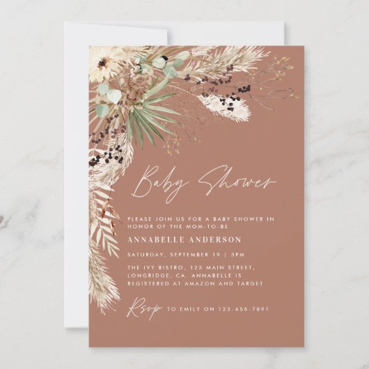 Invitation Baby shower pampas herbe moderne boho élégant invi (Devant)