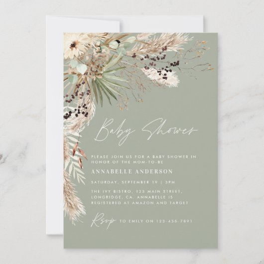 Invitation Baby shower pampas herbe moderne élégant sauge ver (Devant)