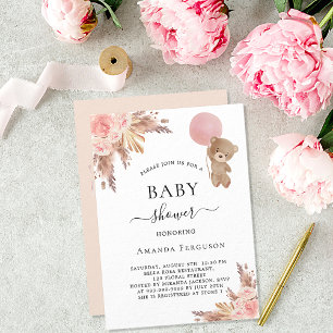 Invitation Baby shower pampas herbe ours en peluche fille lux