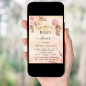 Invitation Baby shower pampas herbe rose fleuri ours en peluc