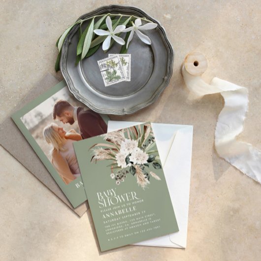 Invitation Baby shower pampas herbe sauge moderne vert photo