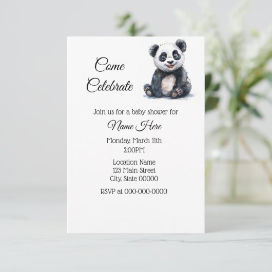 Invitation Baby shower Panda aquarelle simple (Debout devant)