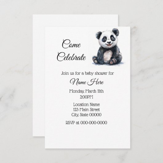 Invitation Baby shower Panda aquarelle simple (Devant / Derrière)