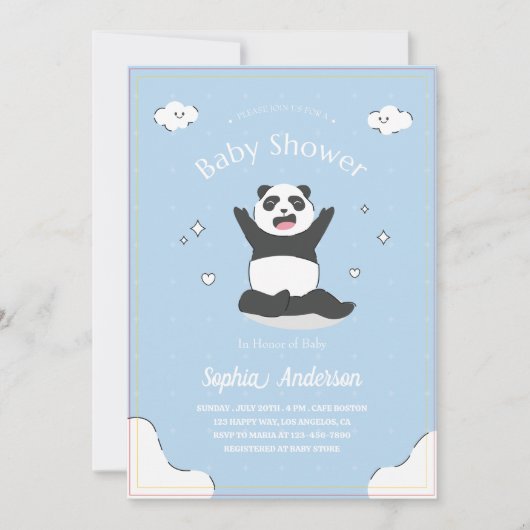 Invitation Baby shower Panda Bleu Cute - Baby shower modifiab (Devant)