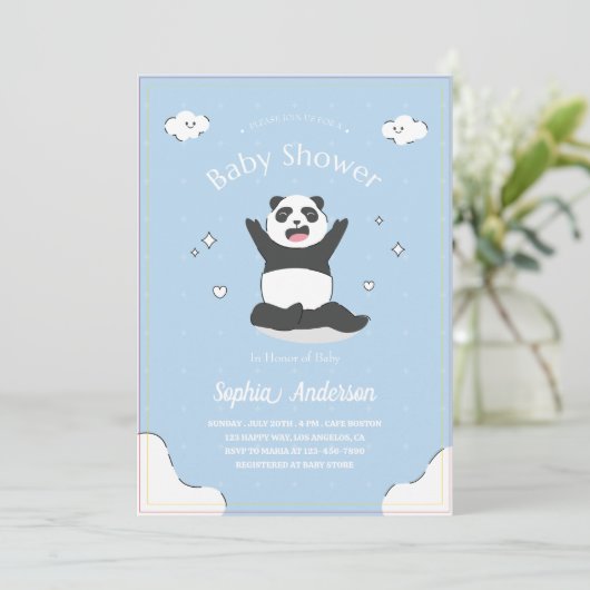 Invitation Baby shower Panda Bleu Cute - Baby shower modifiab (Debout devant)