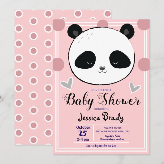 Invitation Baby shower Panda Face et Pois roses (Devant / Derrière)