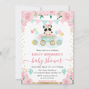 Invitation Baby Shower Panda Fleurs Roses Aquarelle