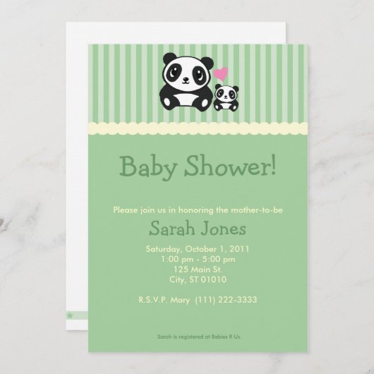 Invitation Baby shower Panda - Vert (Devant / Derrière)