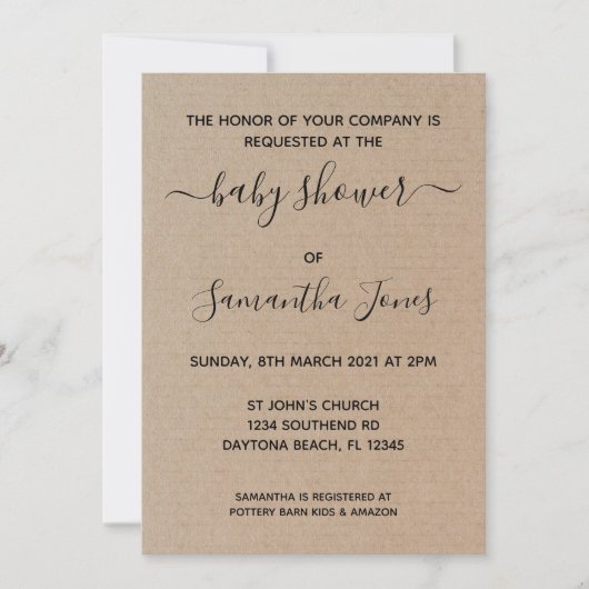 Invitation Baby shower papier rustique Kraft Script d'invitat (Devant)