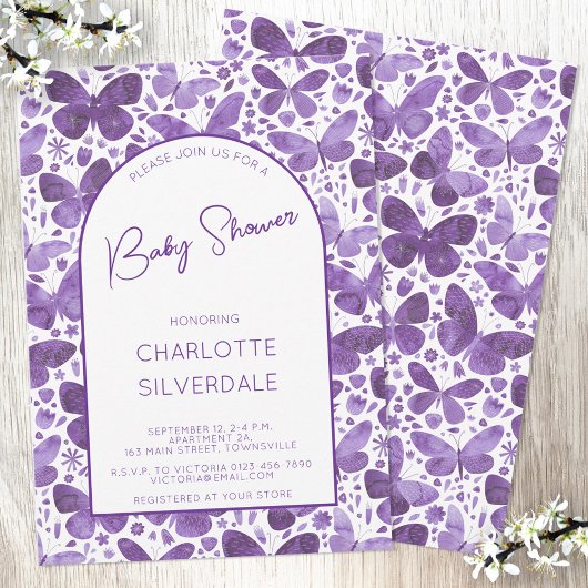 Invitation Baby shower papillon Aquarelle violet