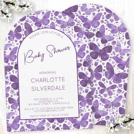 Invitation Baby shower papillon Aquarelle violet