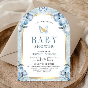 Invitation Baby-Shower Papillon Arc Floral Bleu Tendre