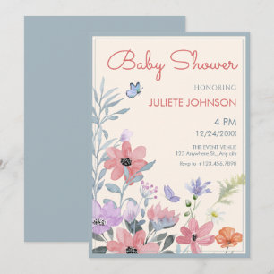 Invitation Baby shower papillon aux fleurs pastel d'aquarelle