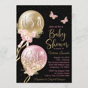 Invitation Baby Shower Papillon Ballon Or Rose Et Noir