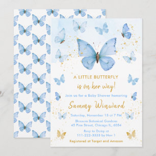 Invitation Baby Shower Papillon Bleu et Or