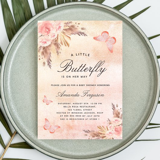 Invitation Baby shower papillon blush pampas herbe luxe