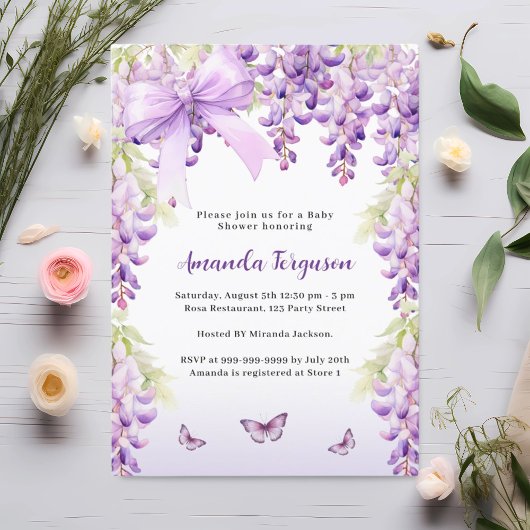 Invitation Baby shower papillon de fleurs mauve de bactéries