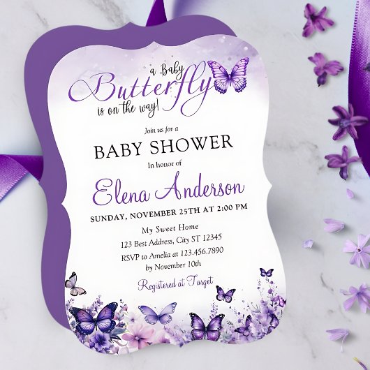 Invitation Baby shower papillon Élégant violet Floral