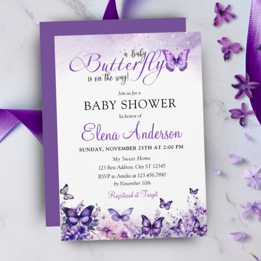 Invitation Baby shower papillon Élégant violet Floral