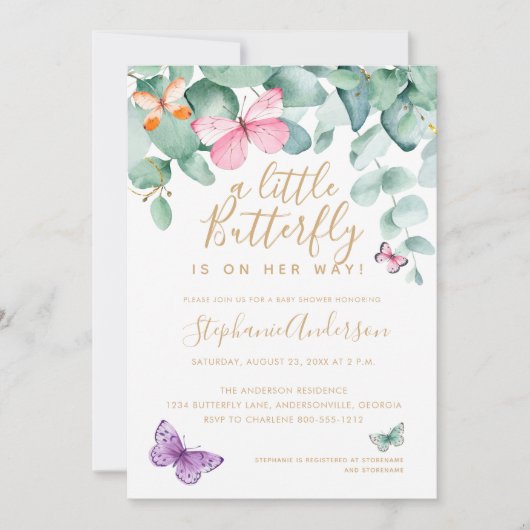 Invitation Baby shower papillon Eucalyptus d'or rose (Devant)