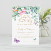 Invitation Baby shower papillon Eucalyptus d'or rose (Debout devant)