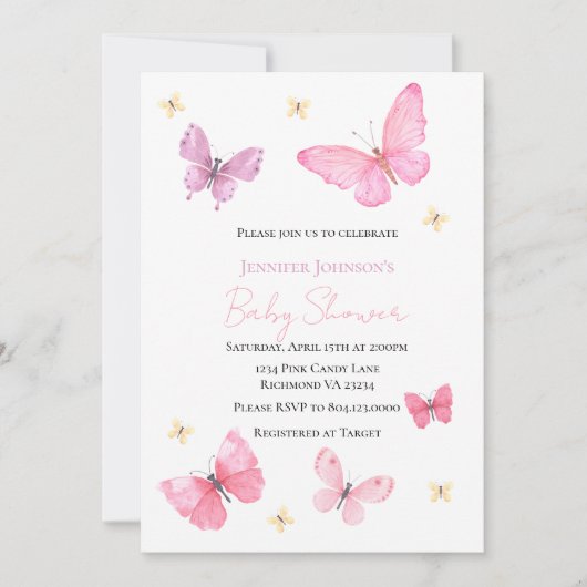 Invitation baby shower papillon, fille (Devant)