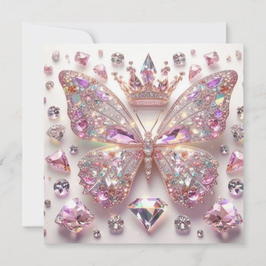 Invitation Baby Shower Papillon Fille Cristaux Roses Diamant (Dos)