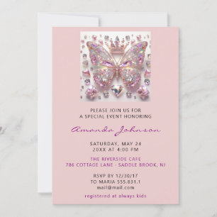 Invitation Baby shower papillon fille douce 16e rose Royal