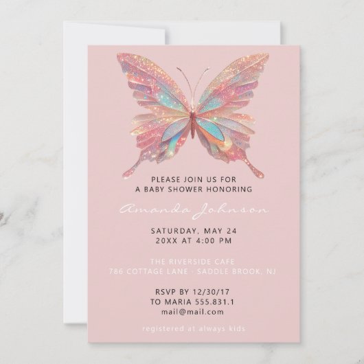 Invitation Baby shower papillon fille douce 16ème Rose Poudre (Devant)