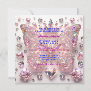 Invitation Baby Shower Papillon Fille Rose Cristaux Diamant
