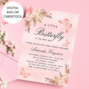 Invitation Baby shower papillon fille rose pampas herbe