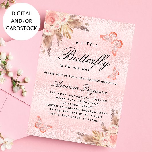 Invitation Baby shower papillon fille rose pampas herbe