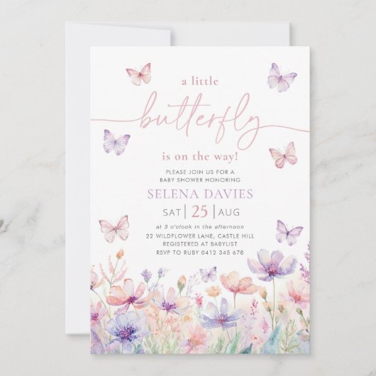 Invitation Baby shower papillon Fille violette Fleur rose (Devant)