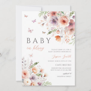 Invitation Baby Shower Papillon Fleur Sauvage Rose Violet