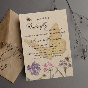 Invitation Baby shower papillon fleur sauvage violet rose fil
