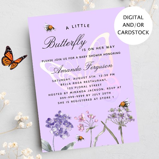 Invitation Baby shower papillon fleur sauvage violette fille