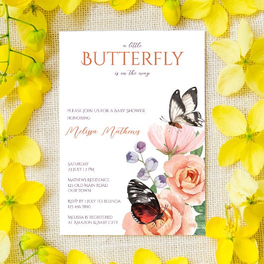 Invitation baby shower papillon floral