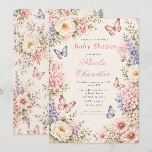 Invitation Baby Shower Papillon Floral (Devant / Derrière)