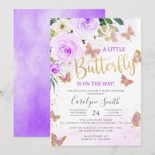 Invitation Baby shower papillon floral Lavender (Devant / Derrière)